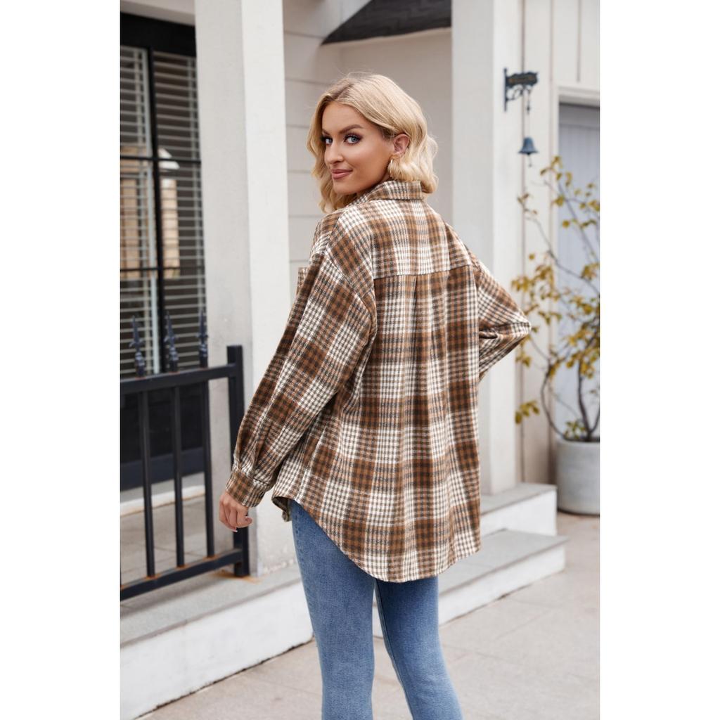 Women's Clothing, Thousand Bird Plaid, Buttons, Flannel, Woolen Shirt
