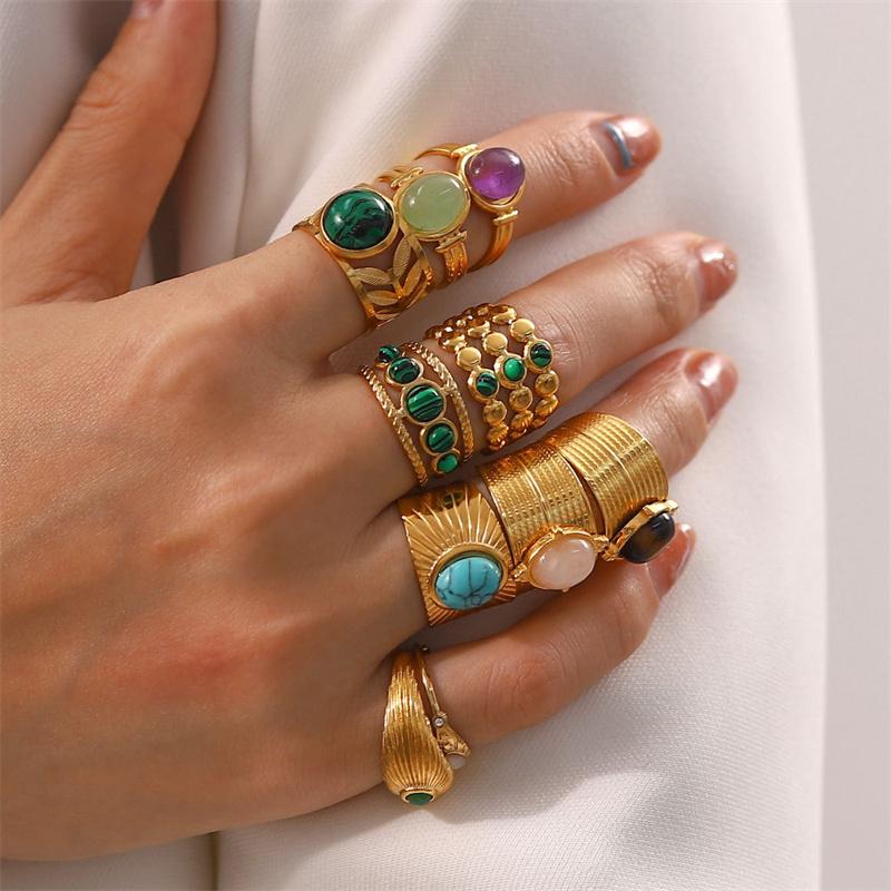 Stainless Steel Golden Plated Metal Bohemia Green Stone Ring for Women Fashion Adjustable Open Rings Jewelry Birthday Gifts