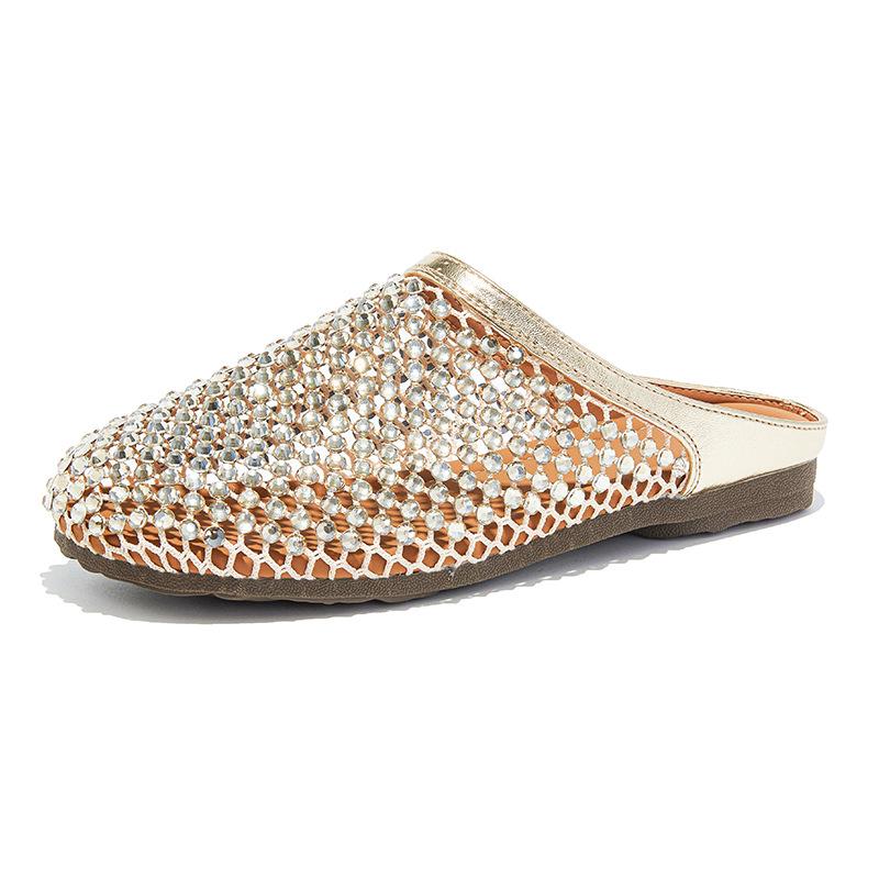 Baotou Slippers Women's 2025 Summer New Rhinestone Breathable Mesh Hollow Outside Wear Half Drag Women's Casual Flat Women's Shoes