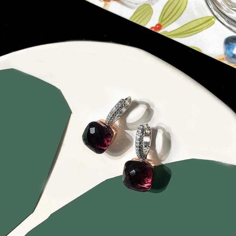 Náušnice puzetky z křišťálu a stříbra S925 ve stylu celebrit – Houbová hlavička s kamenem čtvercového tvaru v barvě bonbónu, zdobená diamanty