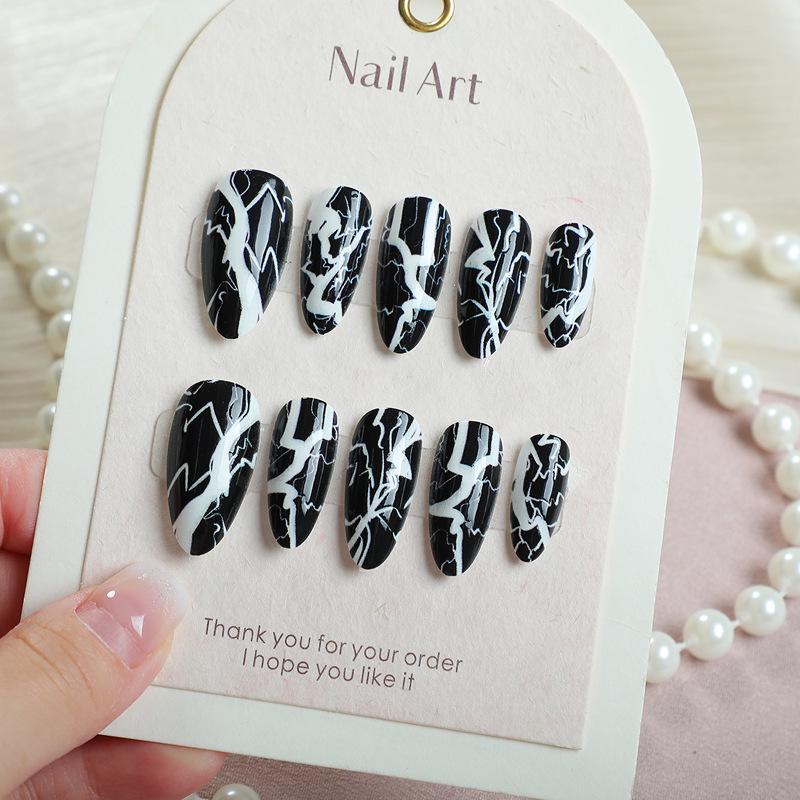 

24pcs Black & White Lightning Almond Nails - Bold Dark Hot Girl Design