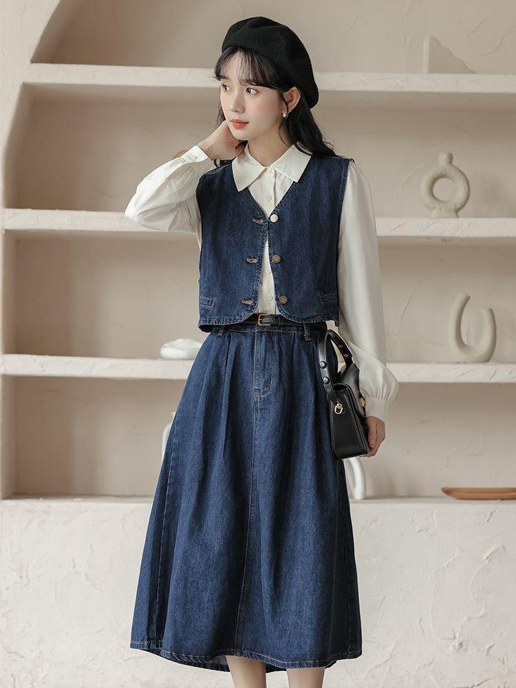 Retro Denim Vest & Midi Skirt Three-Piece College Style Set