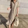 Loose Lace Up Short Sleeved Linen Shirt Dress