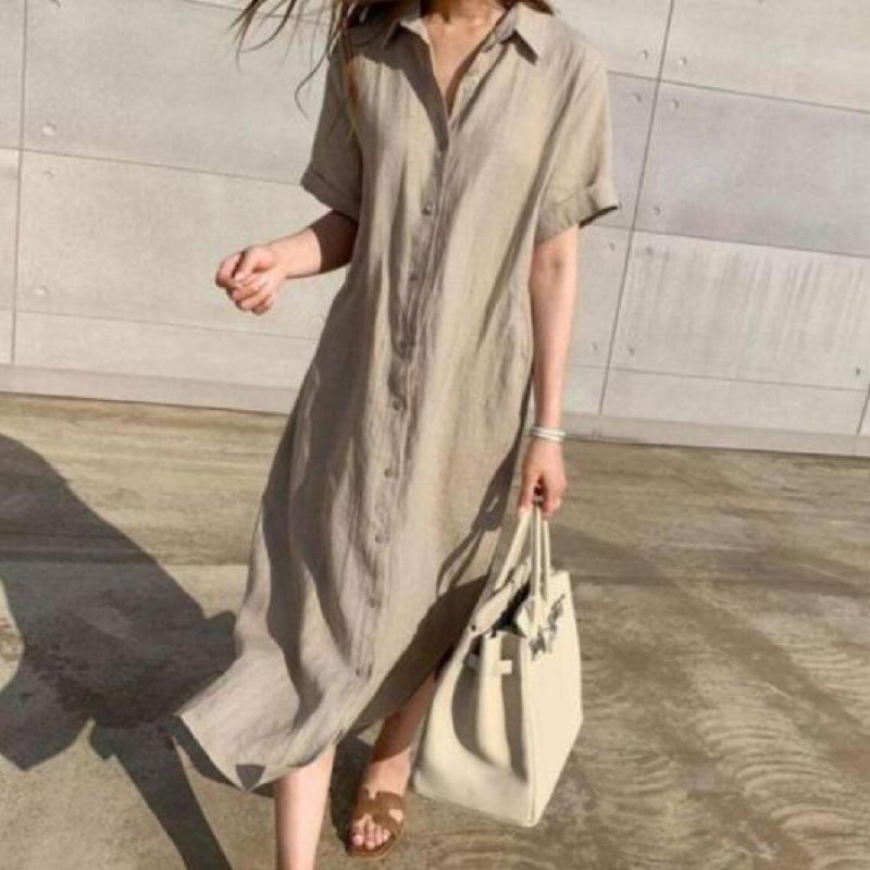 Loose Lace Up Short Sleeved Linen Shirt Dress