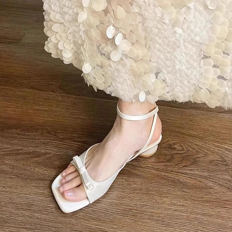 Thick Heel Pink French Cool Slippers Fairy Shoes Wear 2025 New with Skirt Bow Open-toed Sandals