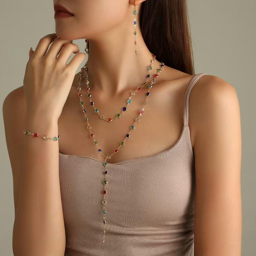 Colorful Rhinestone Y-Shaped Necklace with Faux Pearls & Tassel Sweater Chain