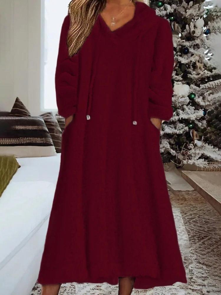 Women's Long Sleeve Round Neck Casual Loose Warm Hooded Fleece Sweater Midi Dress