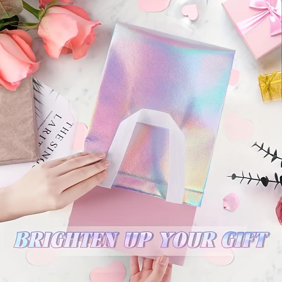 10pcs Holographic Non-Woven Gift Tote Bags with Handles, Iridescent Shiny Reusable Shopping Handbags, Portable Carry Pouches XJM