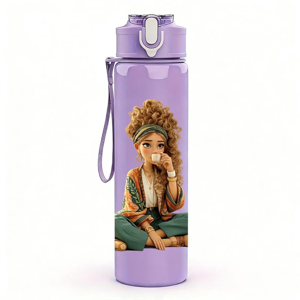 1PC Little Boy Sitting With Potted Plant Print 750ml Color Plastic Sports Water Bottle Leakproof Flip Straw Lid Suitable for Sports Office Home Use