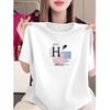 Women's Black Short-Sleeve Summer T-Shirt - Loose Fit, Slimming, Letter Print, Age-Reducing