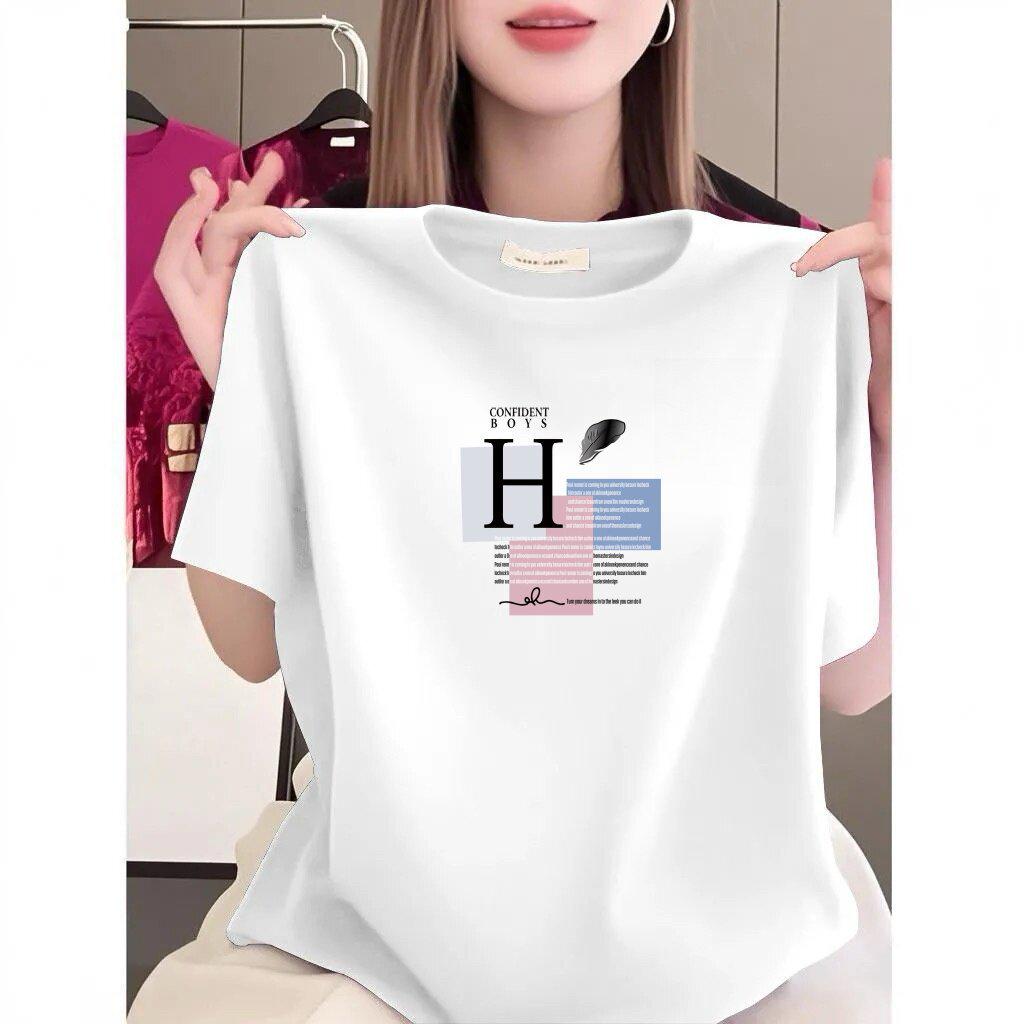 Women's Black Short-Sleeve Summer T-Shirt - Loose Fit, Slimming, Letter Print, Age-Reducing