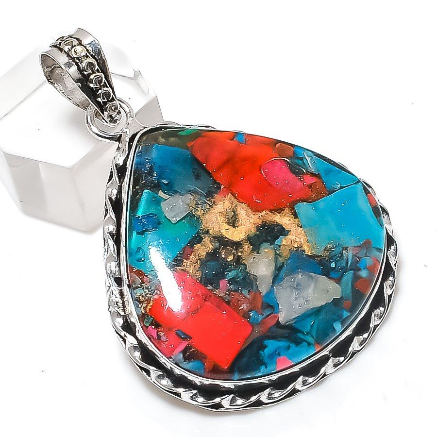 Natural Spiny Oyster Gemstone 925 Sterling Silver Jewelry Pendant 2.05" M9b95