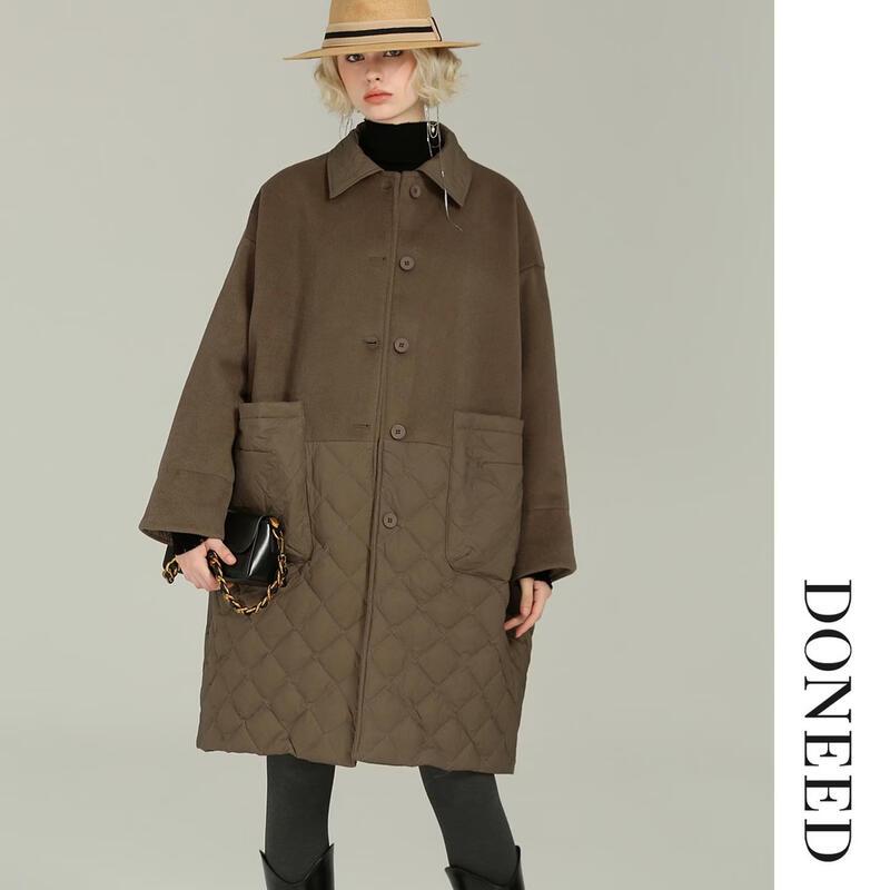 DONEED Women's Retro Wool-Blend Quilted Down Mid-Length Coat
