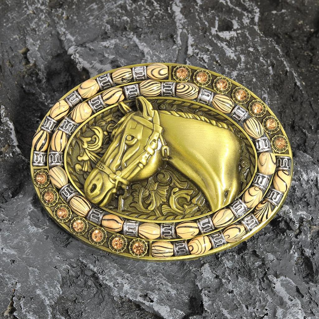Western Belt Buckle for Men Cowboy Head Oval Buckle with Wood Grain Beads Vintage 10 x Gift [Rockyu] Hat/Boots/Horse Decoration, Alloy, Style, 7.4 cm,