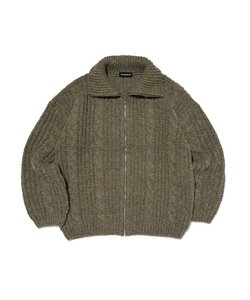 OTHERFITS Cable High-Neck Knit Zip-Up (Khaki)