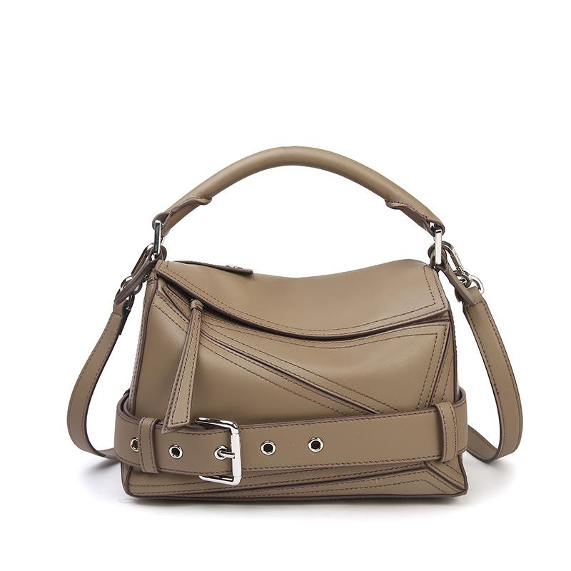 Geometrische Ledertasche, Echte Leder-Damentasche, Große Umhängetasche für Damen, Handtasche grau