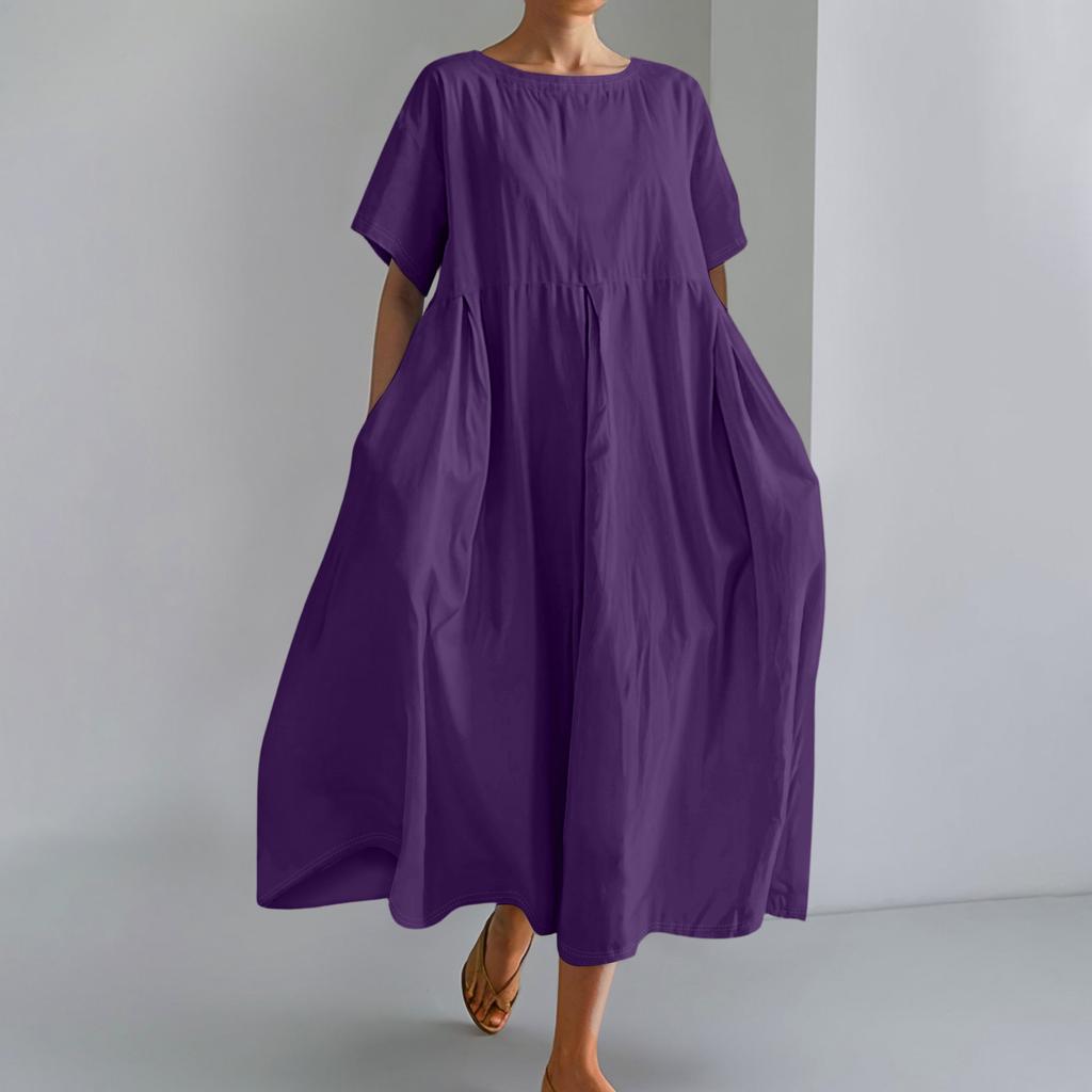 Women's  Color Fashionable Casual Cotton And Linen Loose Round Neck Short Sleeved Dress