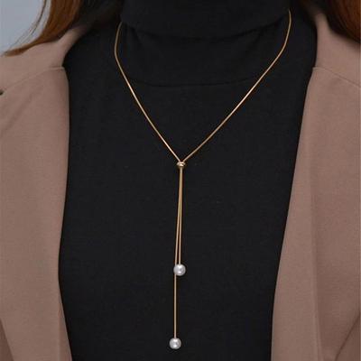 Elegante verstellbare lange Halskette aus Kunstperlen im europäischen und amerikanischen Stil mit einfacher Schlüsselbeinkette