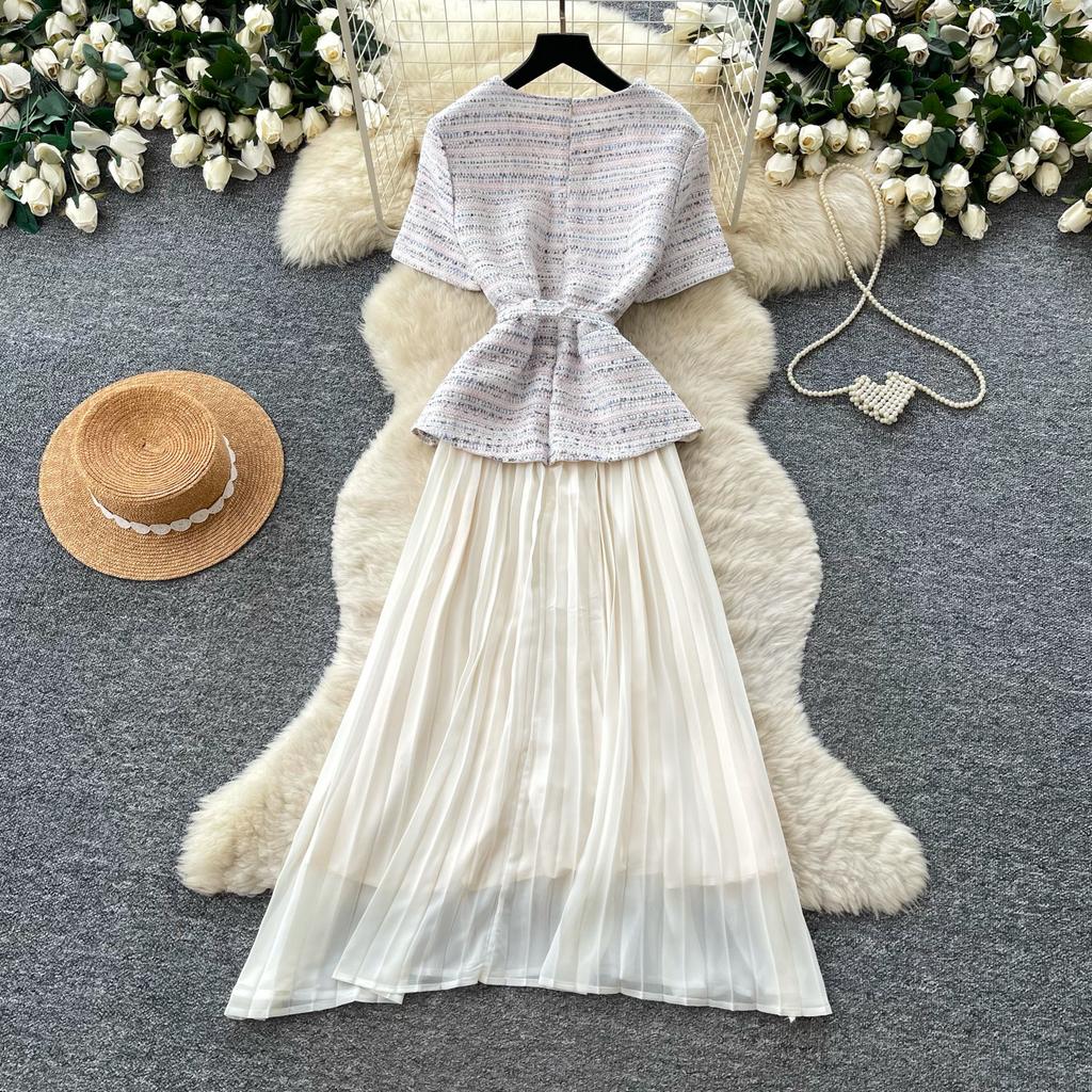 French small fragrant sequined dress women's summer high sense waist thin pleated long dress commuter dress