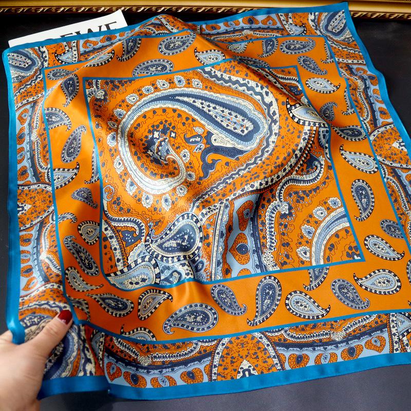 SpringSummer Orange Imitation Silk Neckerchief Outdoor Decoration Wraps For Women 70*70Cm Cashew Print Square Scarf