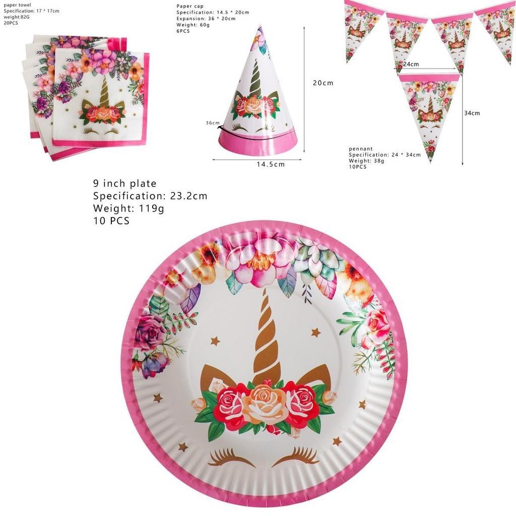 Wreath Unicorn Kids Birthday Party Supplies Colorful Tableware Plates Cup And Forks