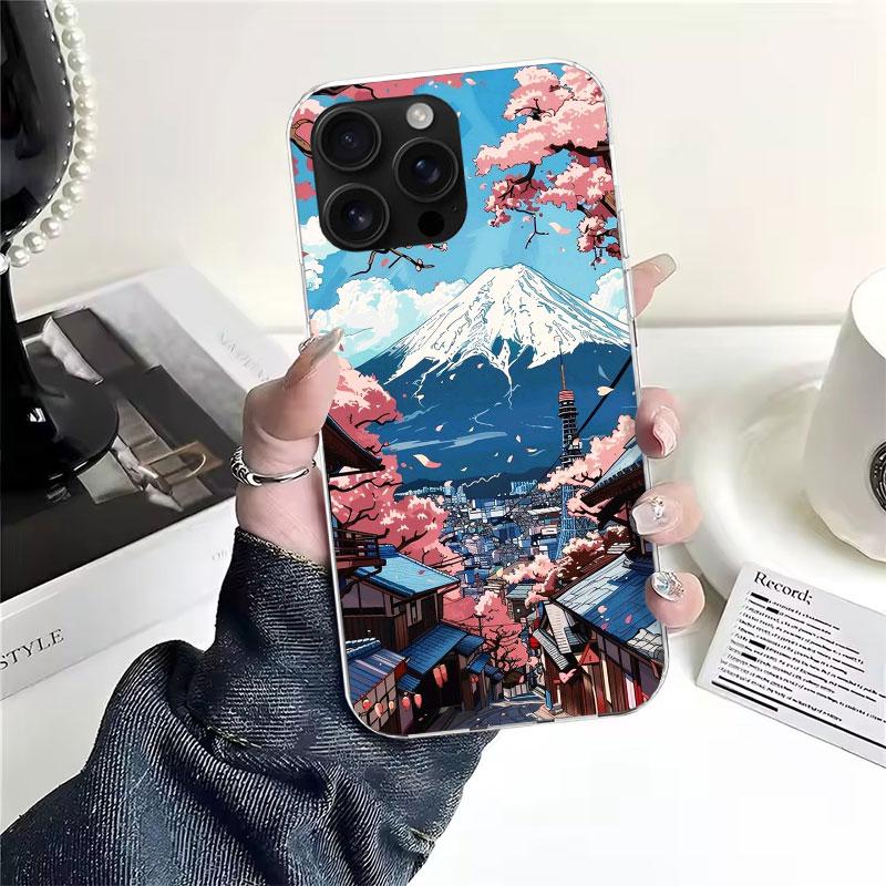 Japanese Cherry Mount Fuji Soft Phone Case For IPhone 11 17 Air 16E 16 Pro Max 15 + 14 Plus 13 Mini 12 Apple 7 SE 8 Fundas Coque