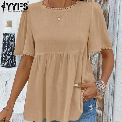 Women's Fashion Casual Summer Spring Solid Color Print  Short Sleeve O-Neck Blouses & Shirts