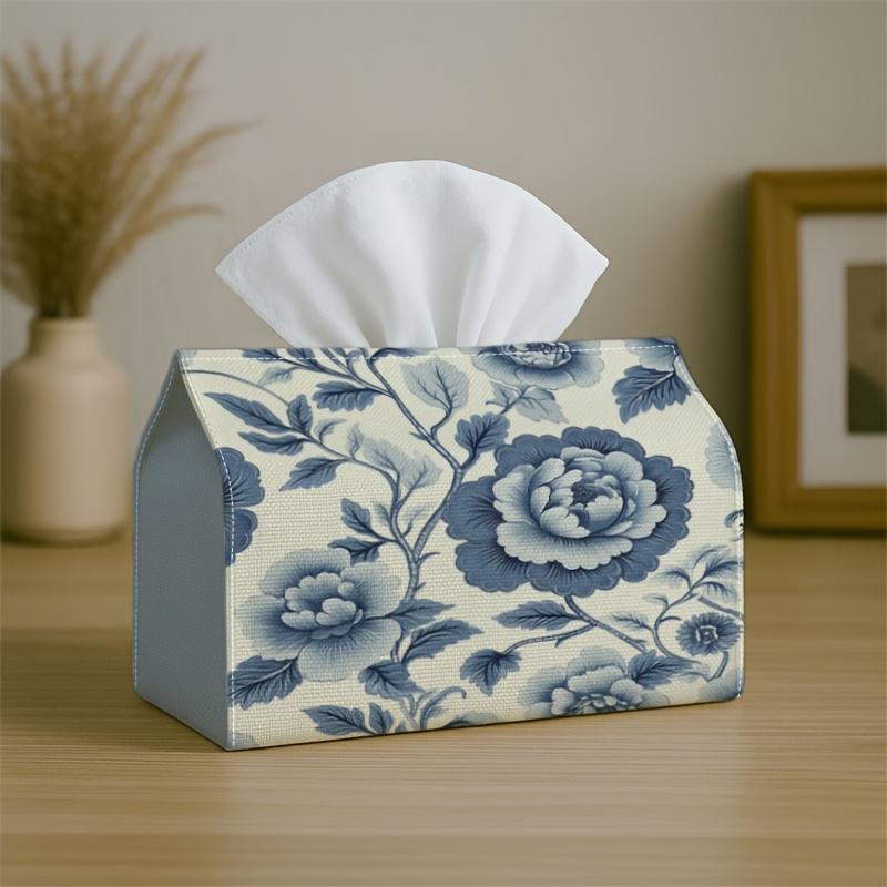 1pc Chinoiserie Vintage Botanical Tissue Holder Featuring a Peony Design in Blue And White - a Fabric Napkin Storage Organizer Suitable for Kitchen, C