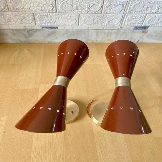 Set of 2 Mid Century Modern Brass Diabolo Wall Sconce Italian Stilnovo Double Cone Sconces Elegant Brass Wall Lamps Bathroom Vanity Light Bedside