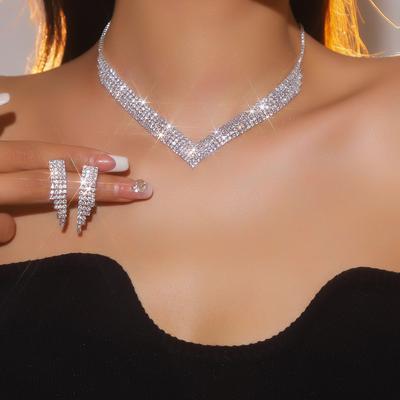 Geometric Design Luxury Rhinestone Necklace Earrings Set Jewelry Set