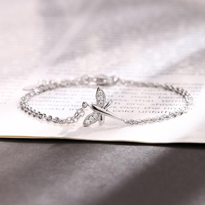 Bracciale in argento sterling S925 Bracciale in argento da donna Squisito braccialetto con ali di insetti intarsiato con zirconi Bracciale a doppia libellula a doppio strato