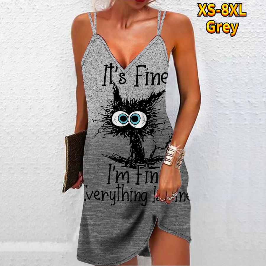 

Женское модное сексуальное платье без бретелек с 3D большими глазами и принтом жареного кота, свободное платье-бретелька с v-образным вырезом XXL серый