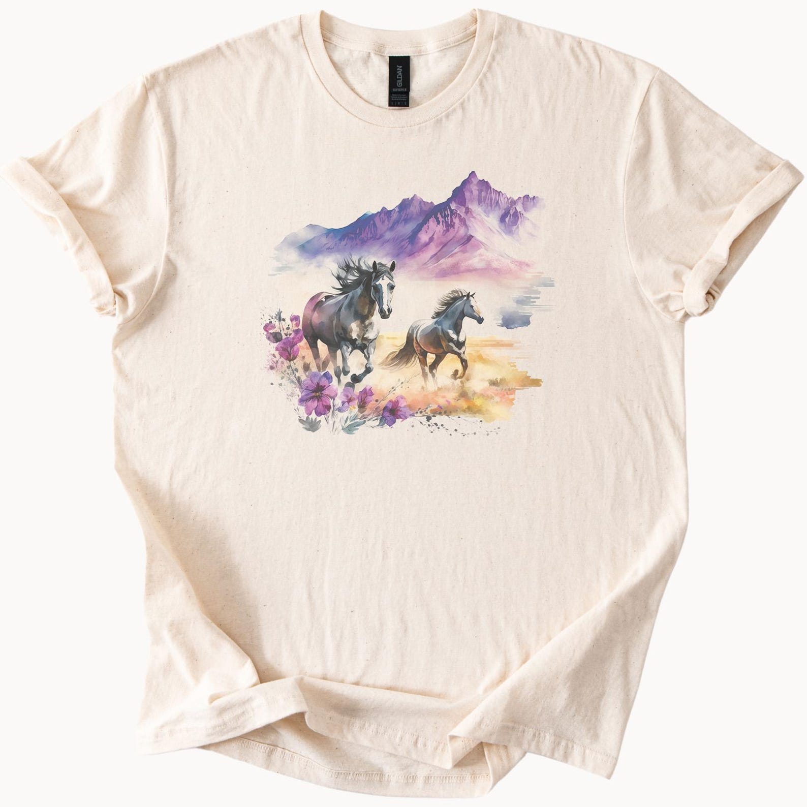 Wild Horses Running Graphic T Shirt Desert Mountain Landscape Watercolor Horse Art Tee Western Nature Flowers Pastel Colors Shirt 100