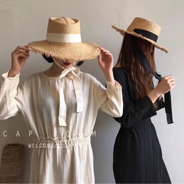 Hongshen Beadh Handmade Raffia Grass Summer Holiday Wide Brim Ribbon Lady Sun Cap Woman Leisure Hat