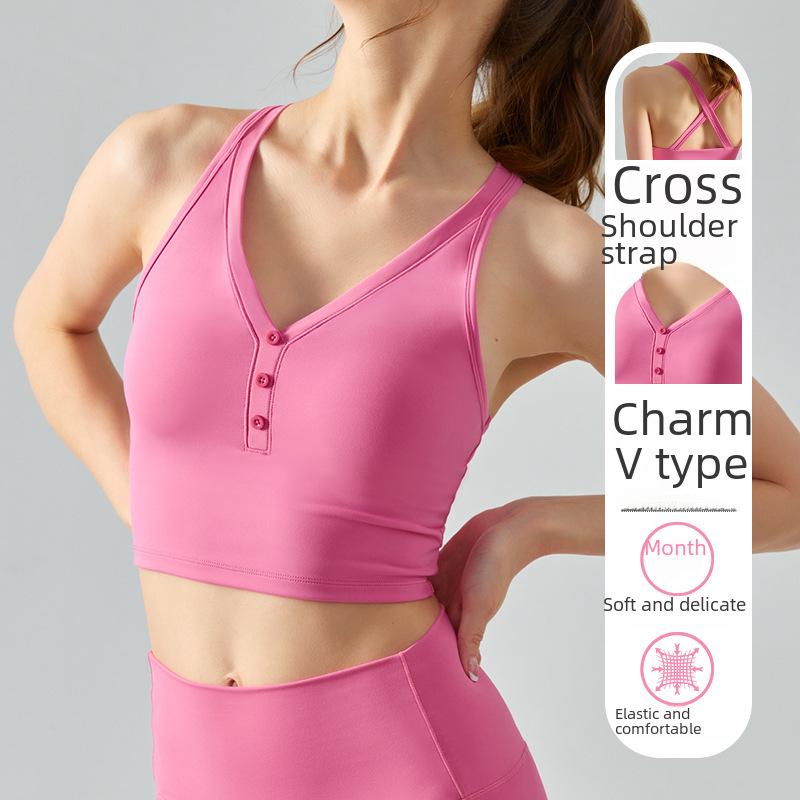 

Sexy Cross-Back V-Neck Sports Vest with Chest Pad - Solid Color Yoga Top for Summer