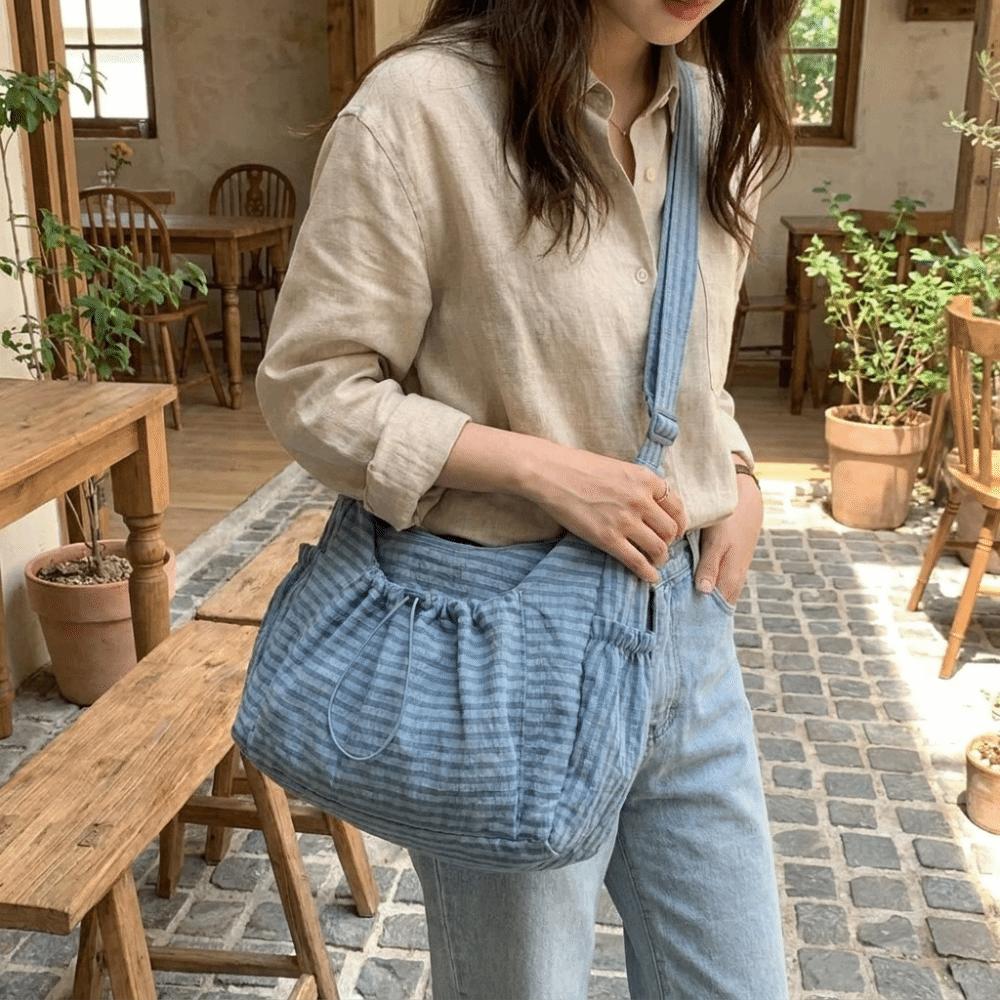 Large Capacity Striped Shoulder Bag Zipper Closure Nylon Crossbody Bag Fashion Tote Bag  Daily
