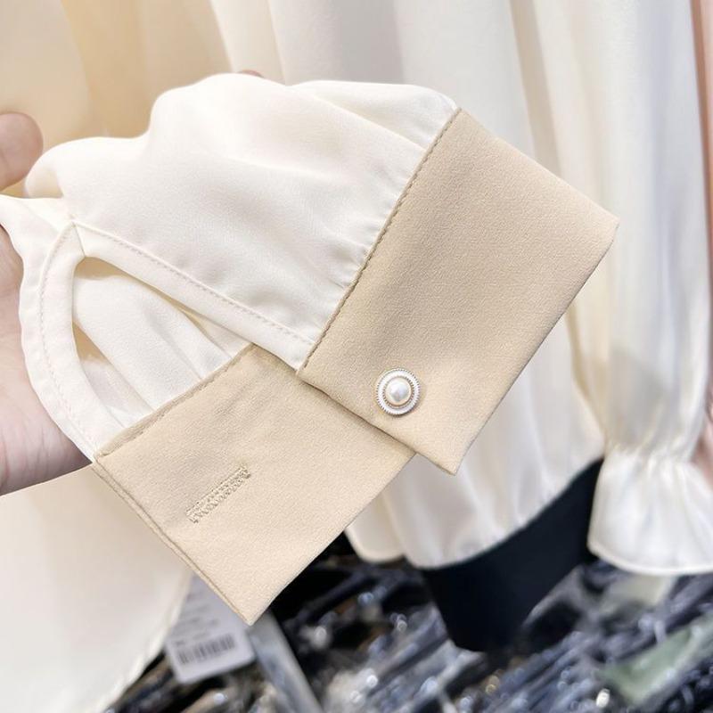 Spring Autumn Polo-neck Patchwork Elegant Fashion Blouse Women Long Sleeve Casual Buttons Cardigan Shirt Top