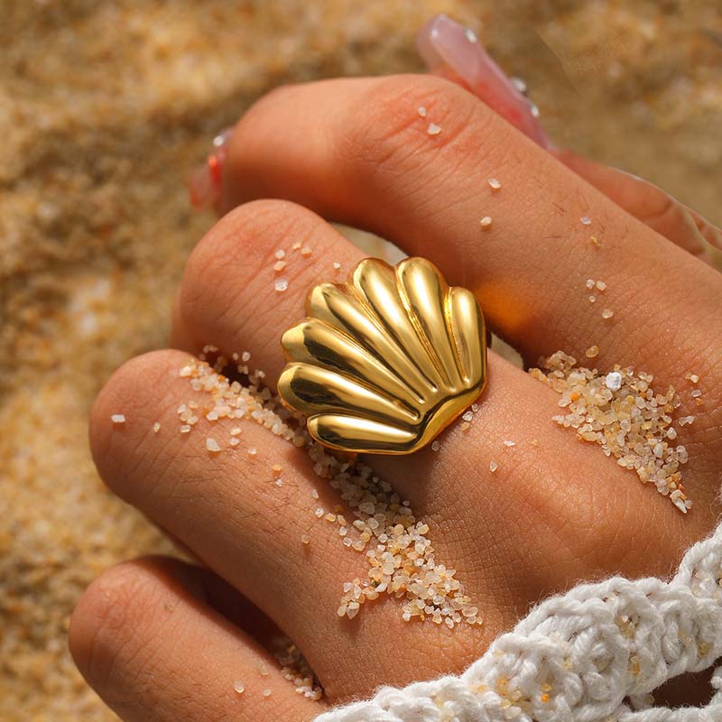 Stainless Steel Metal Shell Open Rings For Women Men Vintage Gold Color Starfish Adjustable Ring Beach Party Zircon Gift