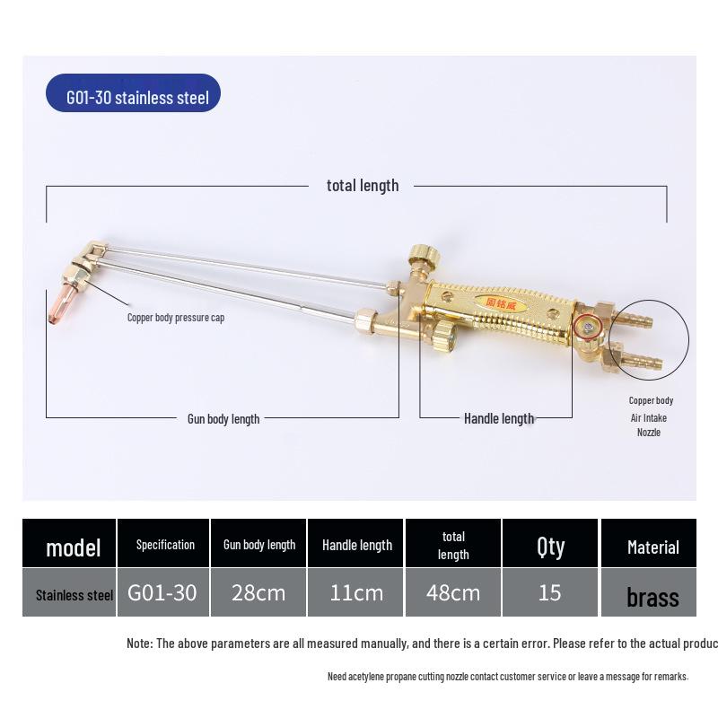 Industrial Grade All-Copper Stainless Steel Cutting Torch - No Backfire, Compatible with Oxygen, Acetylene, Propane.