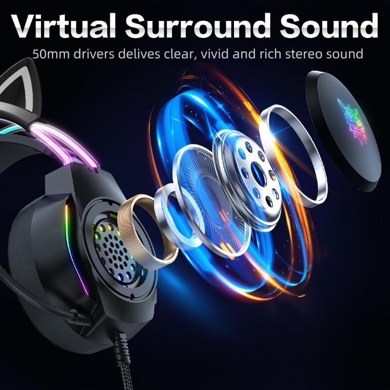 Gaming Headset with Microphone, Cat Ear Headphones for PC Laptop PS4 PS5 Xbox Switch, Rainbow RGB Lighting & Virtual Surround Sound