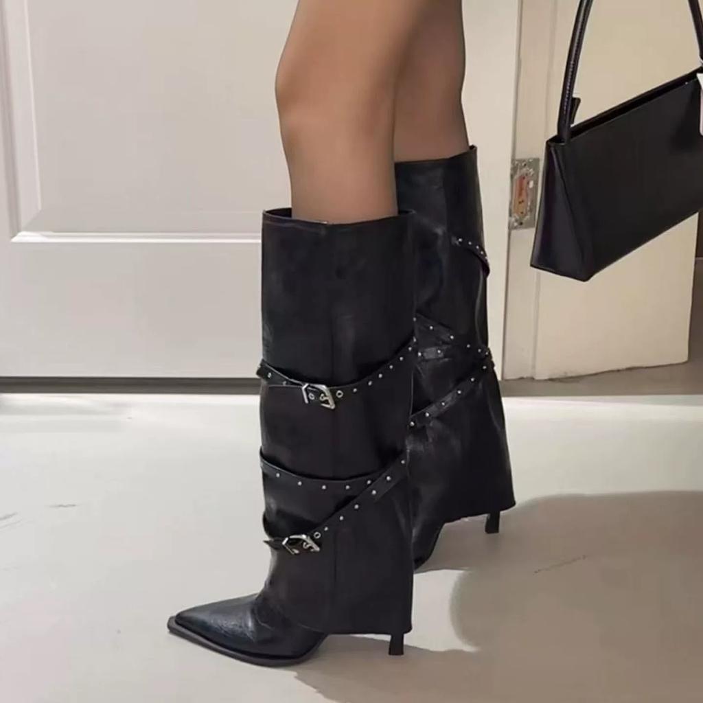 Stylish! Pointed Thin Heel Boots Women's High Heel Rivet Locomotive Boots Belt Buckle High Trousers Knight Boots