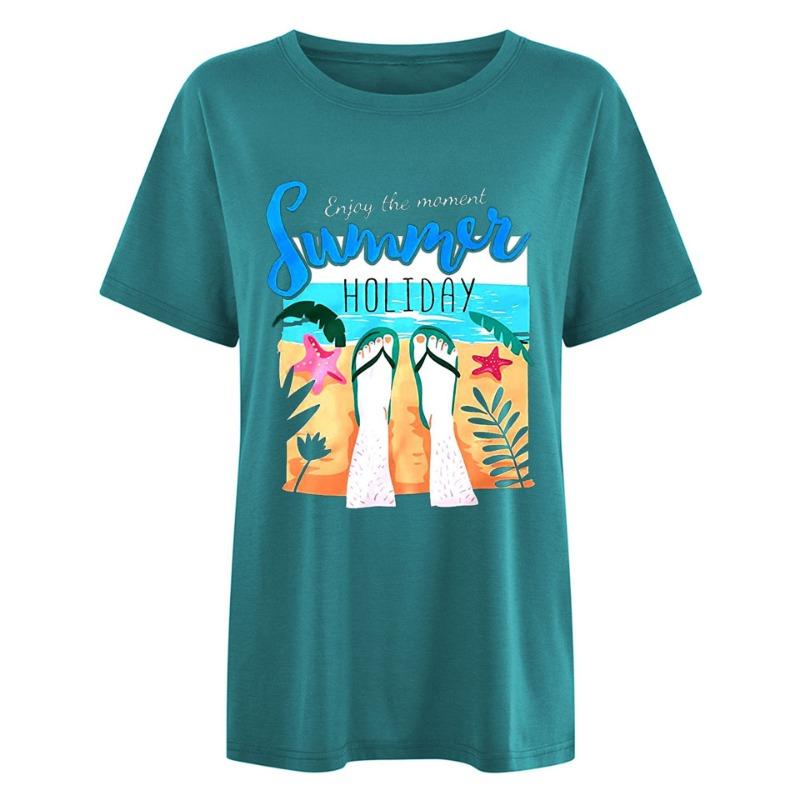 

Весна Лето Письмо Пляж Вид На Море Узор Печатный Женские Свободные Повседневные Круглый вырез Чистый Хлопок Короткие Рукава Футболки Женские 3XL сапфир синий