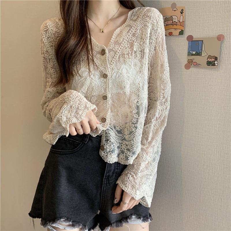 V-Neck Crochet Hollow Lace Sun Protection Cardigan - Summer 2025 Collection