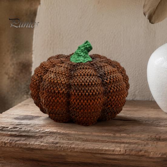 Small Autumn Window Accents Handmade Resin Pumpkin Figurine Halloween Decor, Simulated Knit Tabletop Statue, Soft Texture Decor Mini Fall Holiday