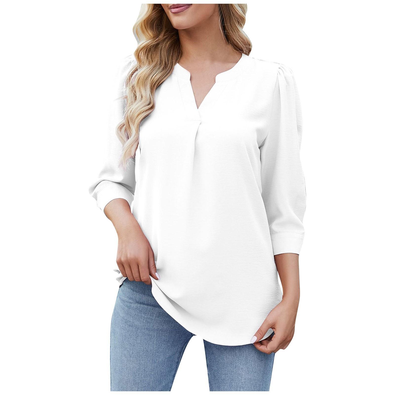 

Женский повседневный модный пуловер с v-образным вырезом, свободная однотонная футболка с длинными рукавами для поездок на работу XL белый