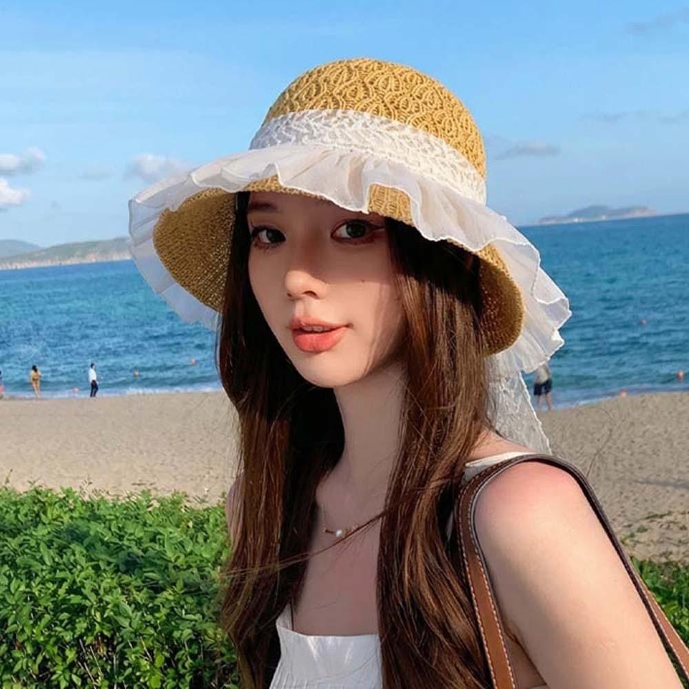 Breathable Vacation Beach Cap with Lace Bow Woven Sun Cap Wide Brimmed Straw Hat Women