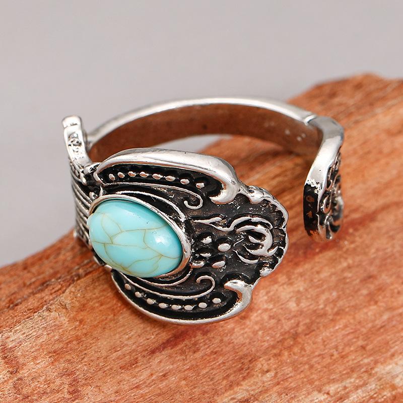 

Huajie Women s Retro Imitation Turquoise Inlay Ring Ancient Silver Carved Pattern Female Open Ring Accessories Trendy Open Ring срібний