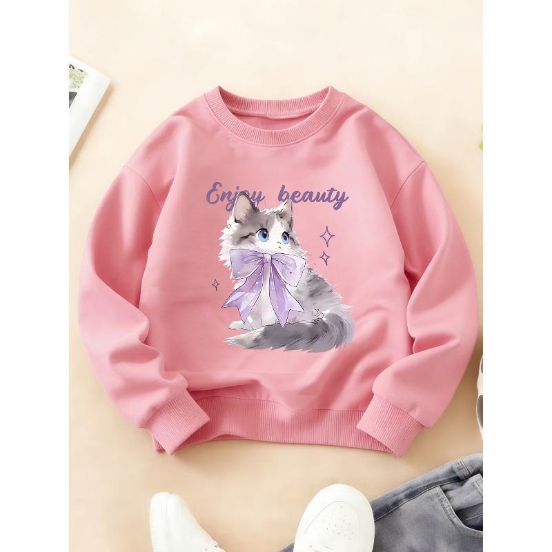 Kids Crewneck Long Sleeve Sweatshirt, Bow Kitten Print, Sports Casual Top for Autumn Winter 110