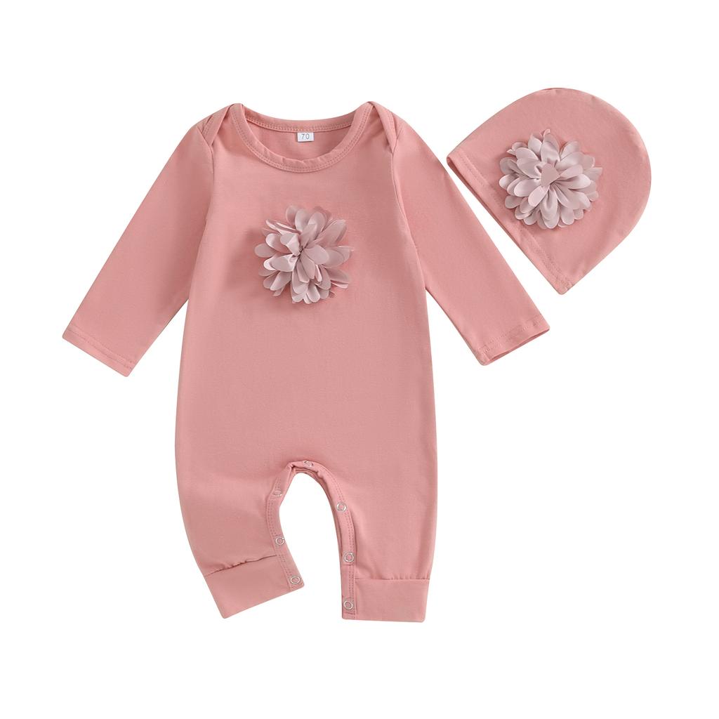 VISgogo 2 cs Newborn Rompers Spring Autumn Baby Girl Clothes Floral Cotton Blend Jumpsuit Overall + Hat Suit for 0-18 months