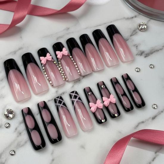 24 Pezzi Unghie Finte Francesi Rosa con Fiocco e Strass, Unghie Finte Lunghe 3D con Charms, Colla per Manicure Fai-da-Te